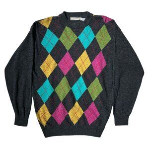90s vintage argyle pattern Esprit sweater wool blend grey crewneck preppy.